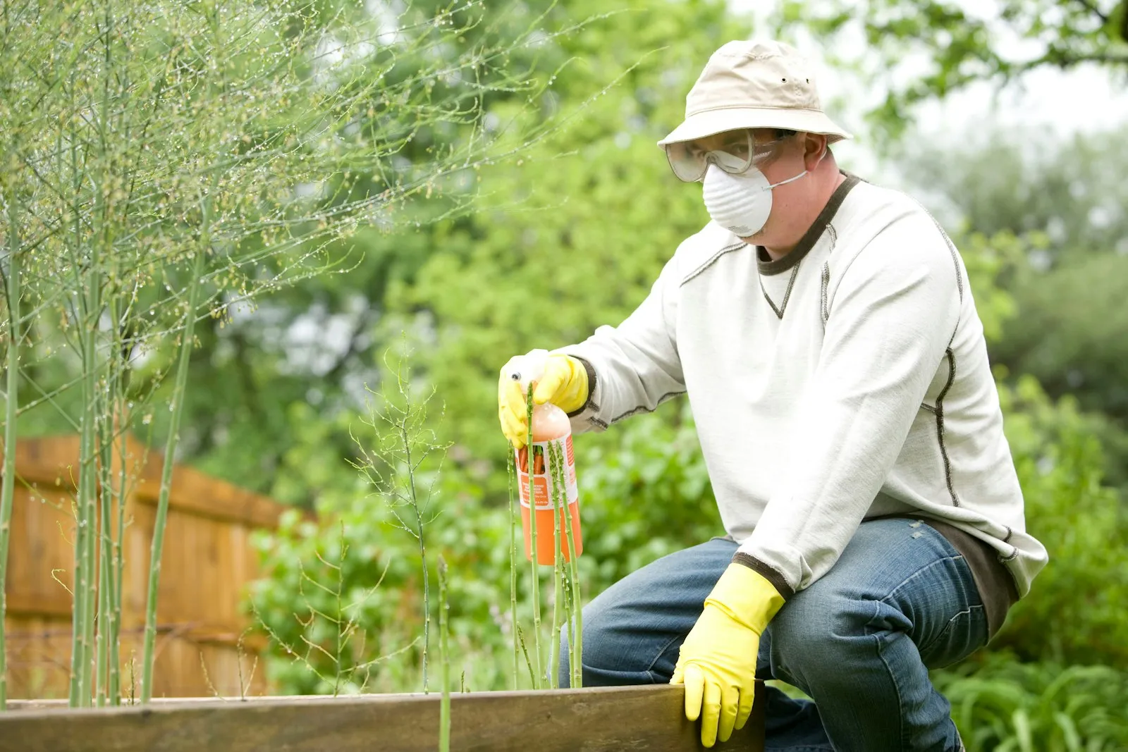 Hausmeister mit Handschuhen bei der Gartenpflege